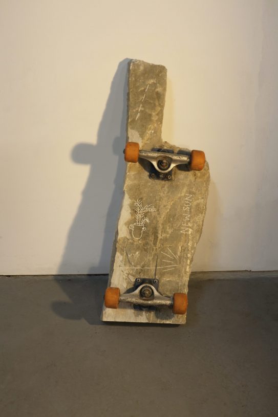 Anestis Ioannou, <i>New Sun VI (flowerpot)</i>, 2022, skateboard trucks and wheels on marble, 70x20x8 cm