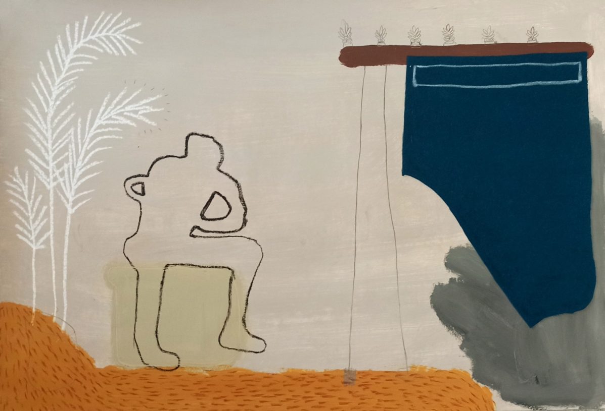 Anestis Ioannou, <i>Orpheus Facing the Void</i>, 2022, acrylics, pencil, oilstick and textile on paper, 70x100 cm