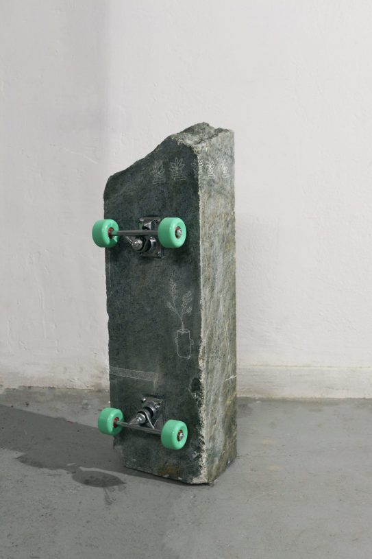 Anestis Ioannou, <i>New Sun (Fast as hell, green)</i>, 2022, skateboard trucks and wheels on marble, 73x22x23 cm