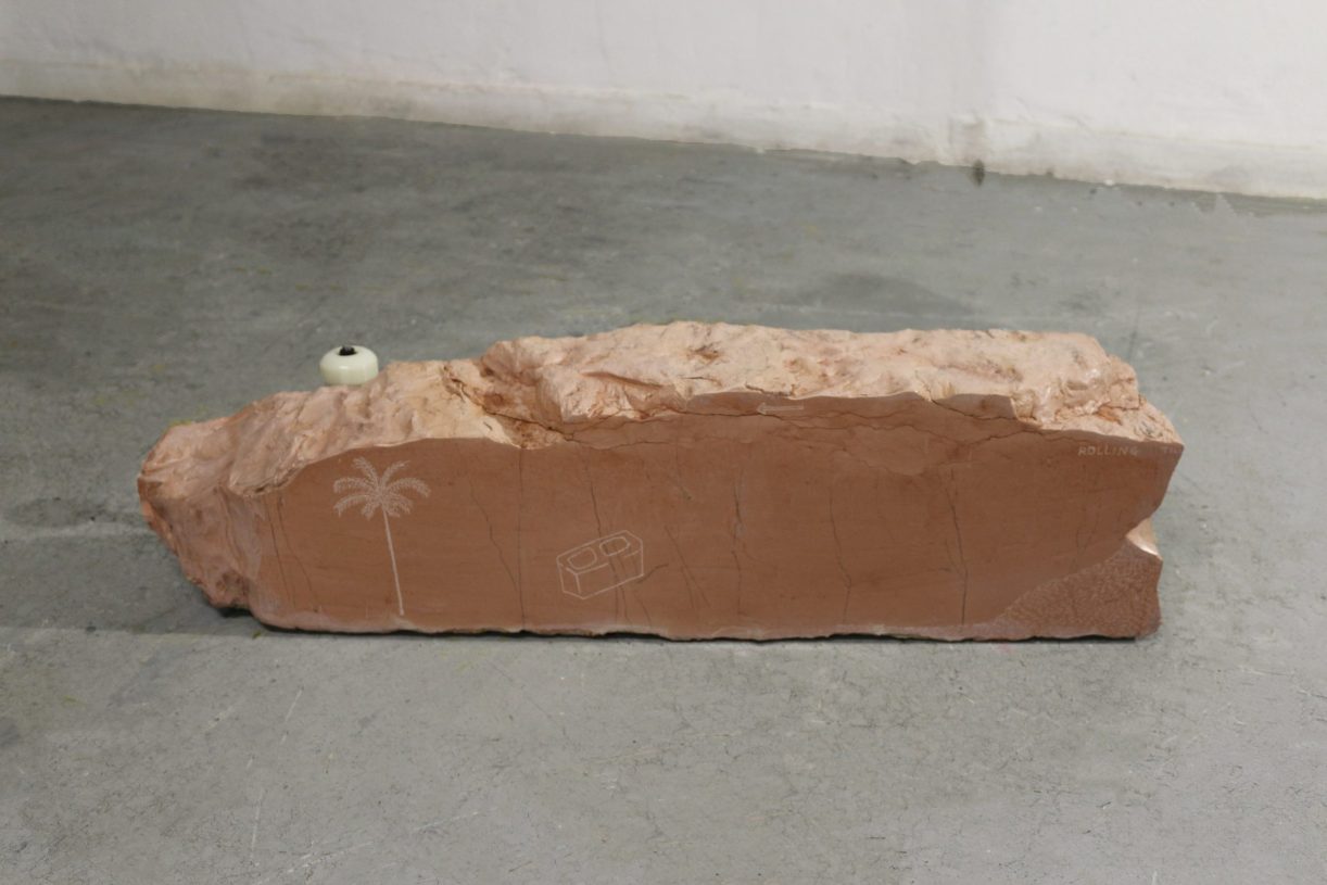 Anestis Ioannou, <i>New Sun (Fast as hell, pink)</i>, 2022, skateboard trucks and wheels on marble, 90x25x20 cm