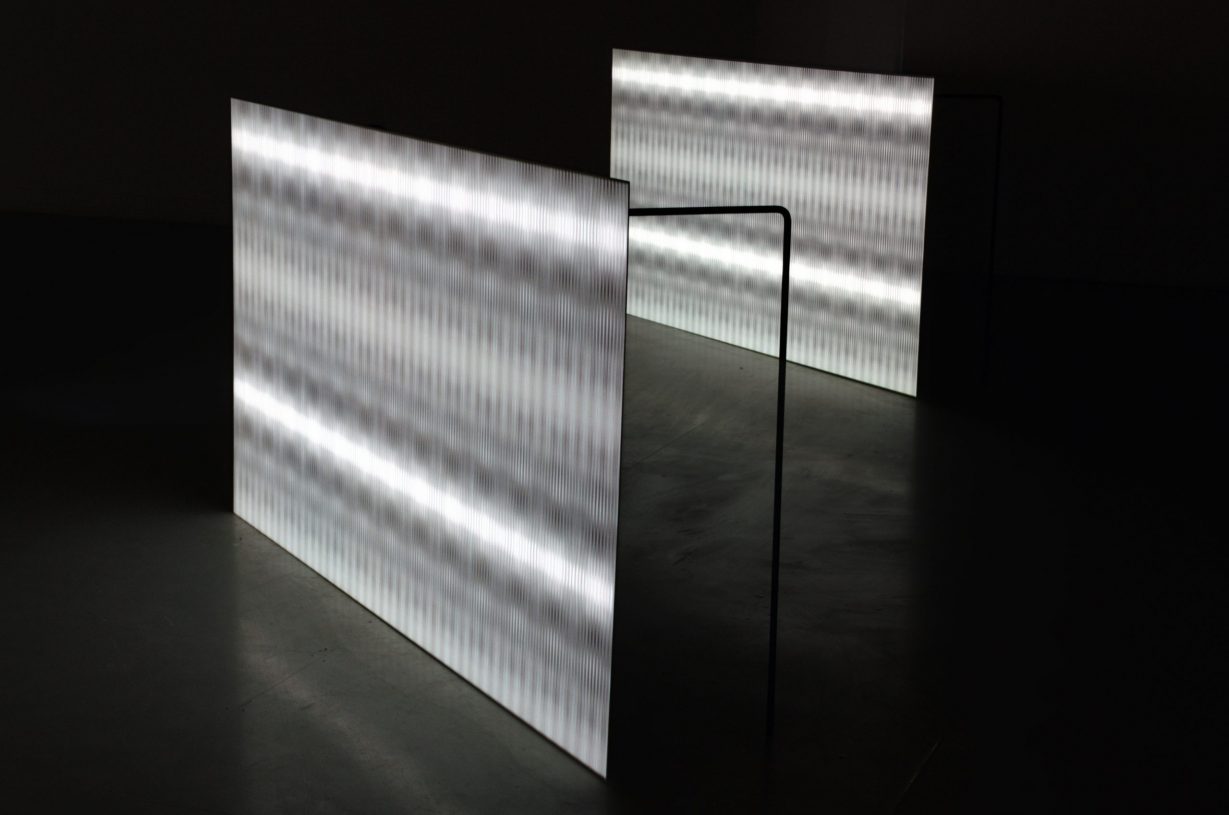 Dimitris Rentoumis, <i>Appearances</i>, 2014, twin screens, projections on metal screens, digital animations, 200x100 cm each, installation view from club Solo, Breda, The Netherlands