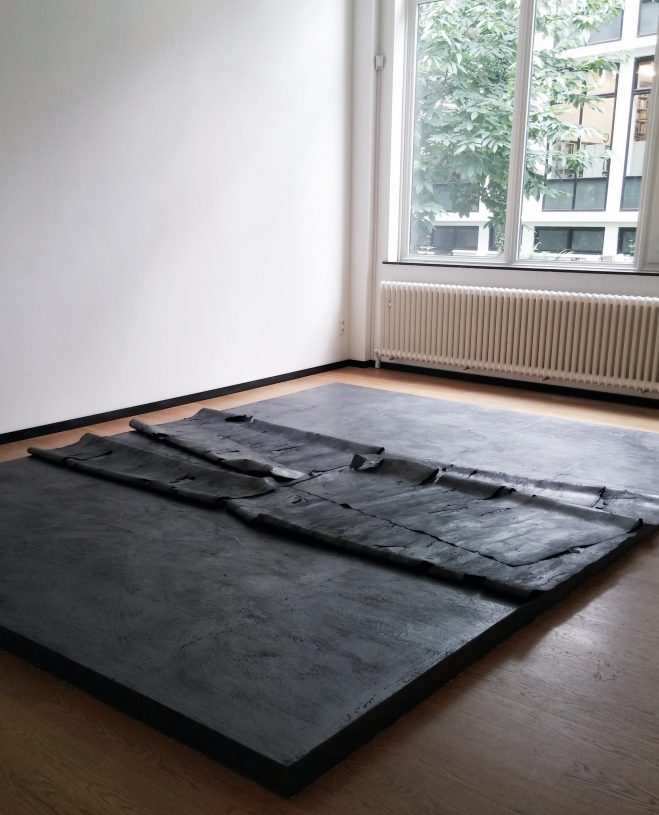 Dimitris Rentoumis, <i>Foundation</i>, 2016, large scale drawings folded on temporary construction, plaster, bricks and graphite, ink, paper, 400x300x20 cm, installation view from Jan van Eyck Academie, Maastricht, The Netherlands with the support of Mondriaan Fonds