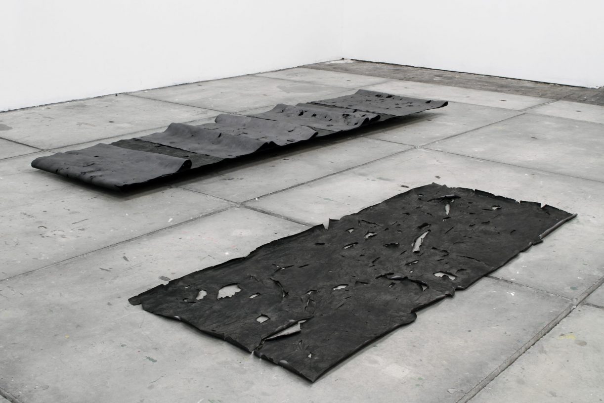 Dimitris Rentoumis, <i>Self was surface</i>, 2017, series of three folded drawings and one unfolded, graphite, acrylic paint, charcoal, and ink on papers, 100x250 cm each​, installation view from Kaus Australis, Rotterdam, The Netherlands