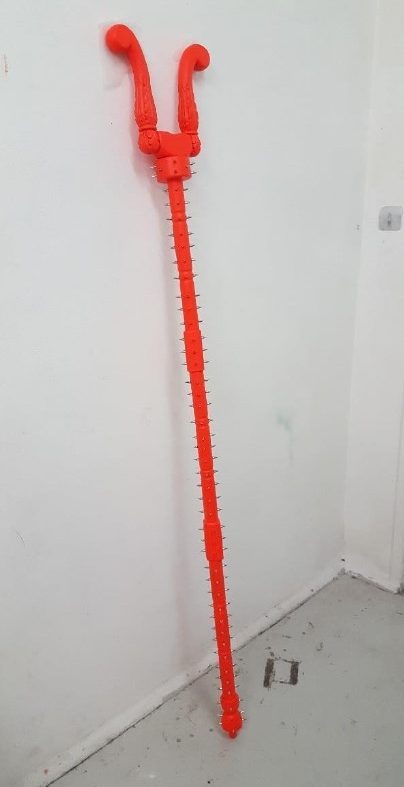 Giorgos Kontis, <i>Untitled (authority object)</i>, 2018-19, wood, antique furniture pieces, spike studs, height 180 cm