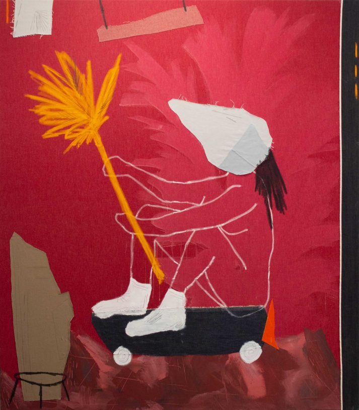 Anestis Ioannou, <i>Flower Rider</i>, 2025, acrylic, oil pastel, oil stick, soft pastel, pencil, textile, and denim on bleached denim, 160x140 cm