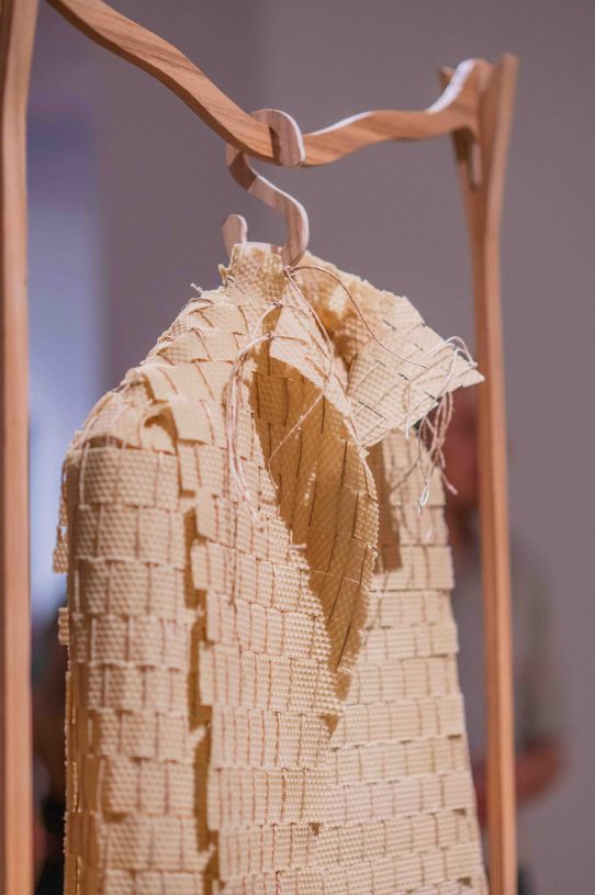 Maria Louizou, <i>Dwellings</i>, 2025, Beeswax woven on a loom and handmade oak wood, 190x100x75 cm, photo by Faidra Scott