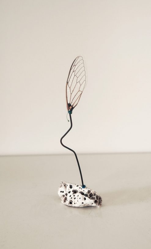Esmeralda Momferratou, <i>Cicada</i>, 2021, cicada wing, stone, wire, colored thermosilicone, 13x5x2 cm