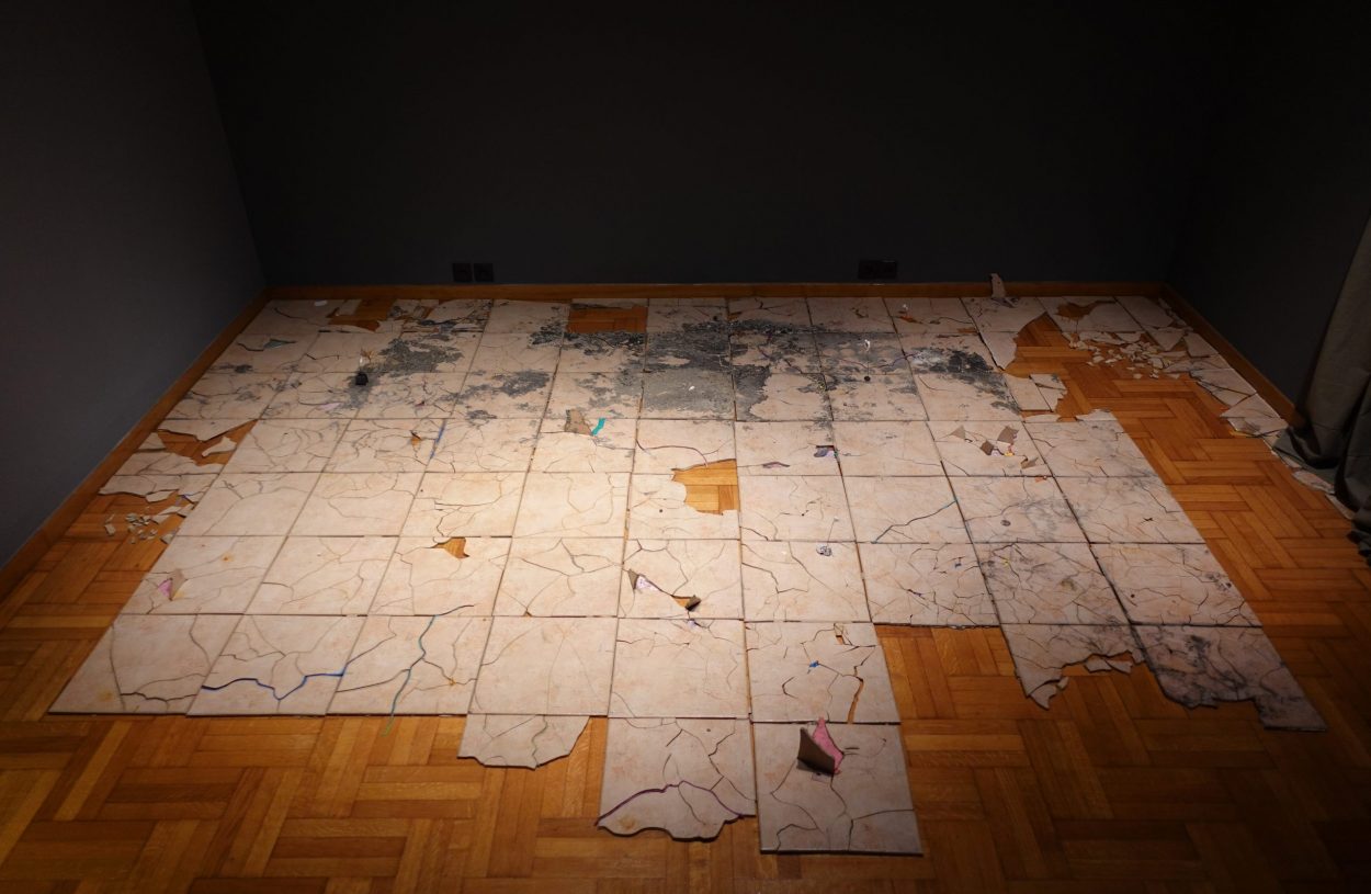 Esmeralda Momferratou, <i>Floor</i>, 2021, ceramic tiles, plasticine, shells, crab shells, photos in paper. 400x270 c