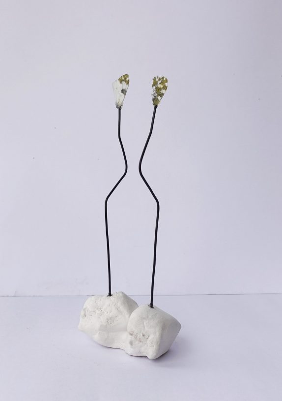 Esmeralda Momferratou, <i>Double</i>, 2022, butterfly wings, clay, wire, 16x6.5x4.5 cm