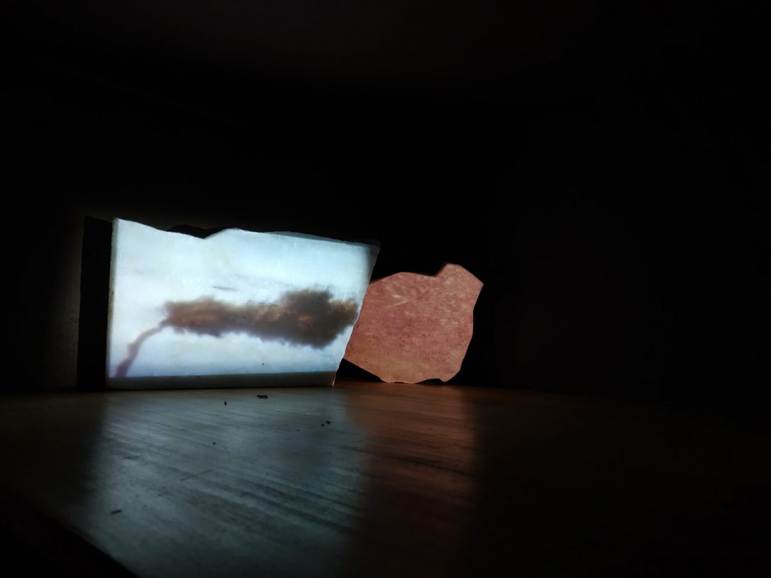 Esmeralda Momferratou, <i>Leather_Tree draft 2</i>, 2022, marble, ceramic tile, projection, 38x15x18 cm