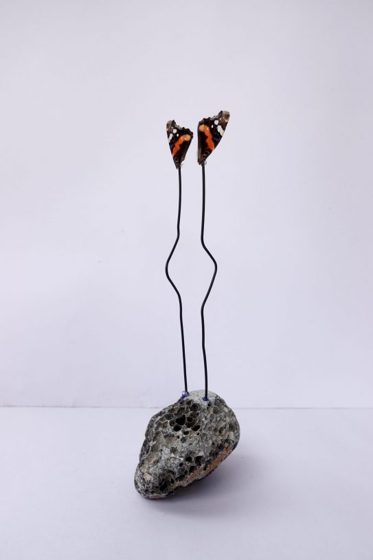 Esmeralda Momferratou, <i>Poppies I (Paparounes I)</i>, 2022, butterfly wings, stone, wire and colored thermosilicone, 19x7x5 cm
