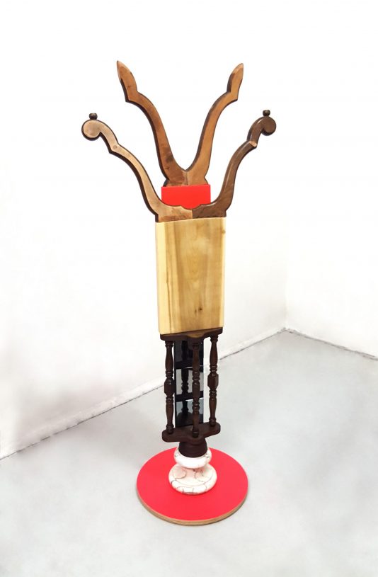 Giorgos Kontis, <i>Untitled (authority object)</i>, 2019, wood, antique furniture pieces, found items, upholstery studs, glass, height 160 cm