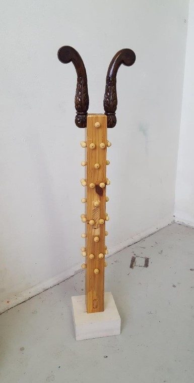 Giorgos Kontis, <i>Untitled (authority object)</i>, 2019, Wood, antique furniture pieces, found object, stone plinth, height 110 cm