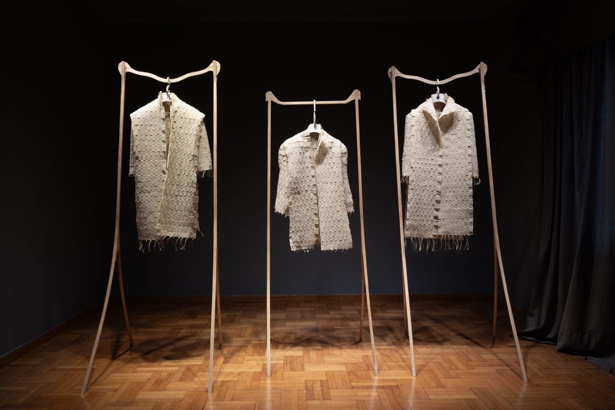 Maria Louizou, <i>Dwellings</i>, 2025,Beeswax woven on a loom and handmade oak wood, approx. 130x85x10 cm / wooden frame: approx. 190x100x85 cm each. Photographer: Faidra Scott