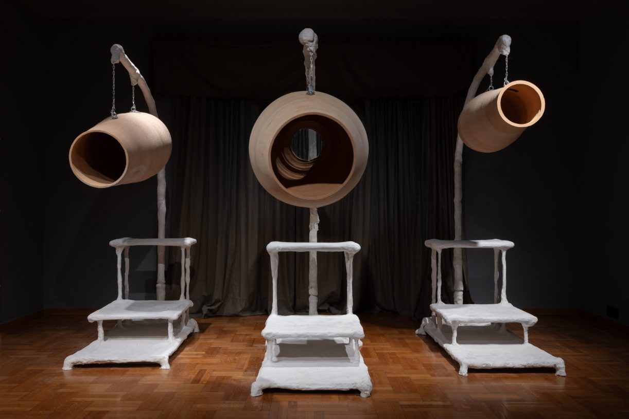 Maria Louizou, <i>Moulting Season</i>, 2025, ceramic, steel, plaster / approx. 200x130x65 cm each. Photographer: Natalia Tsoukala