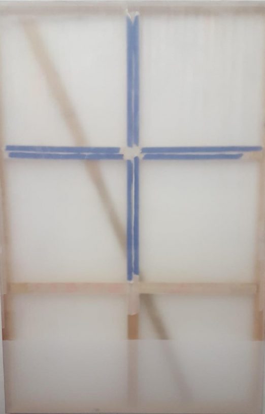 Giorgos Kontis, <i>Untitled</i>, 2019, mixed media on silk on artist's oak stretchers, <br>150x100 cm