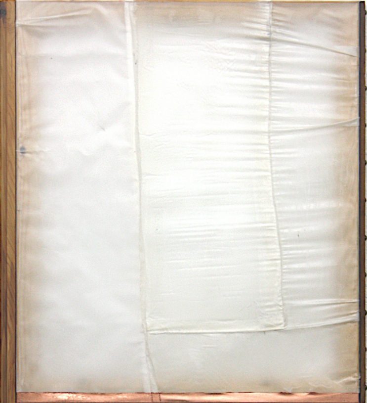 Giorgos Kontis, <i>Untitled</i>, 2020, encaustic and copper leaf on silk, wooden moldings, 70x62 cm
