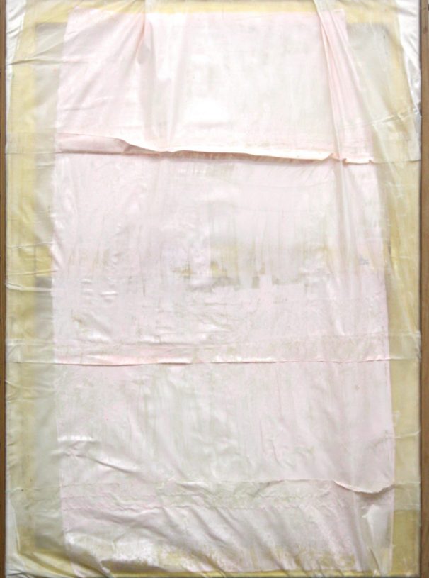 Giorgos Kontis, <i>Untitled</i>, 2020, encaustic and oil on silk, gold leaf and wooden moldings, 85x63 cm