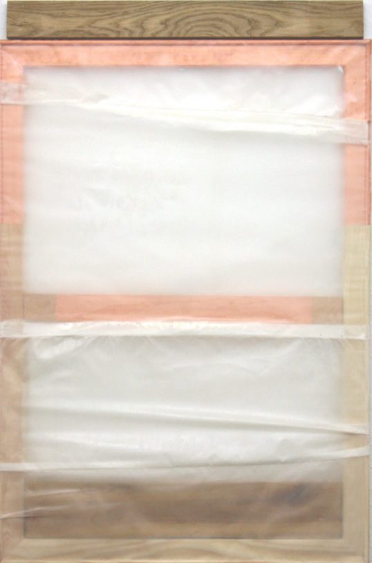 Giorgos Kontis, <i>Untitled</i>, 2020, encaustic on silk, copper leaf and wooden parts, <br>91x60 cm