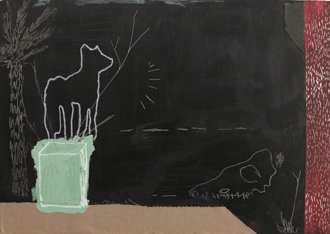 Anestis Ioannou, <i>Flayed Myths Looking at Each Other</i>, 2022-2023, acrylics, oil pastel, denim, textile, pencil on wood, 35x50cm