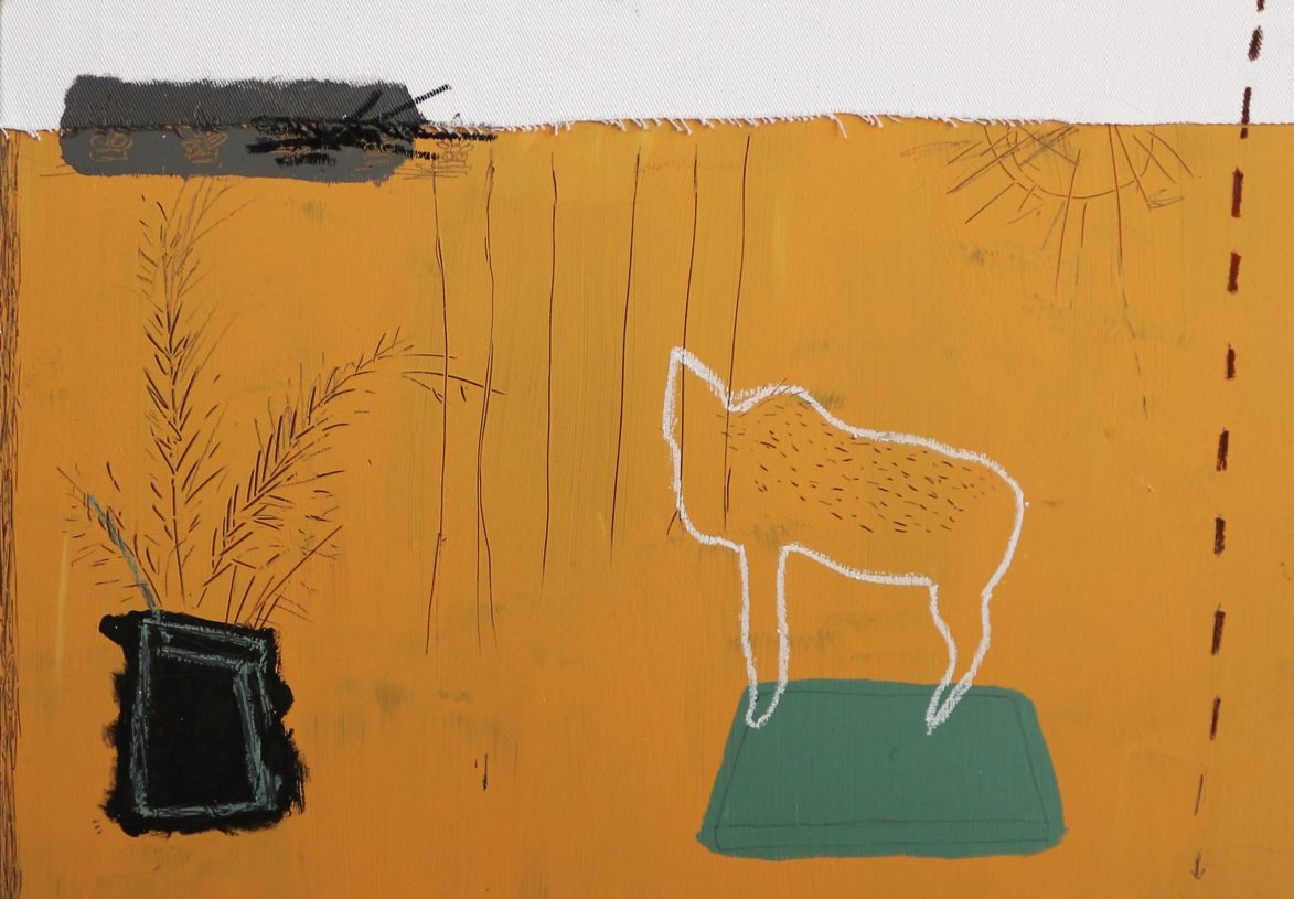 Anestis Ioannou, <i>Flayed Myths Looking at Each Other</i>, 2022-2023, acrylics, oil pastel, denim, textile, pencil on wood, 35x50cm