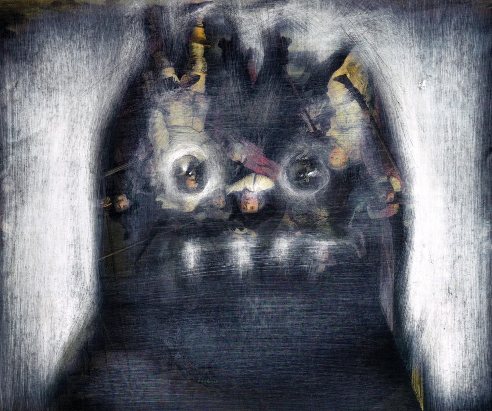 Dimitris Fragakis, <i>Babulas</i>, 2014, pencil and erase on found print mounted on wood panel, 16.5x13.5 cm