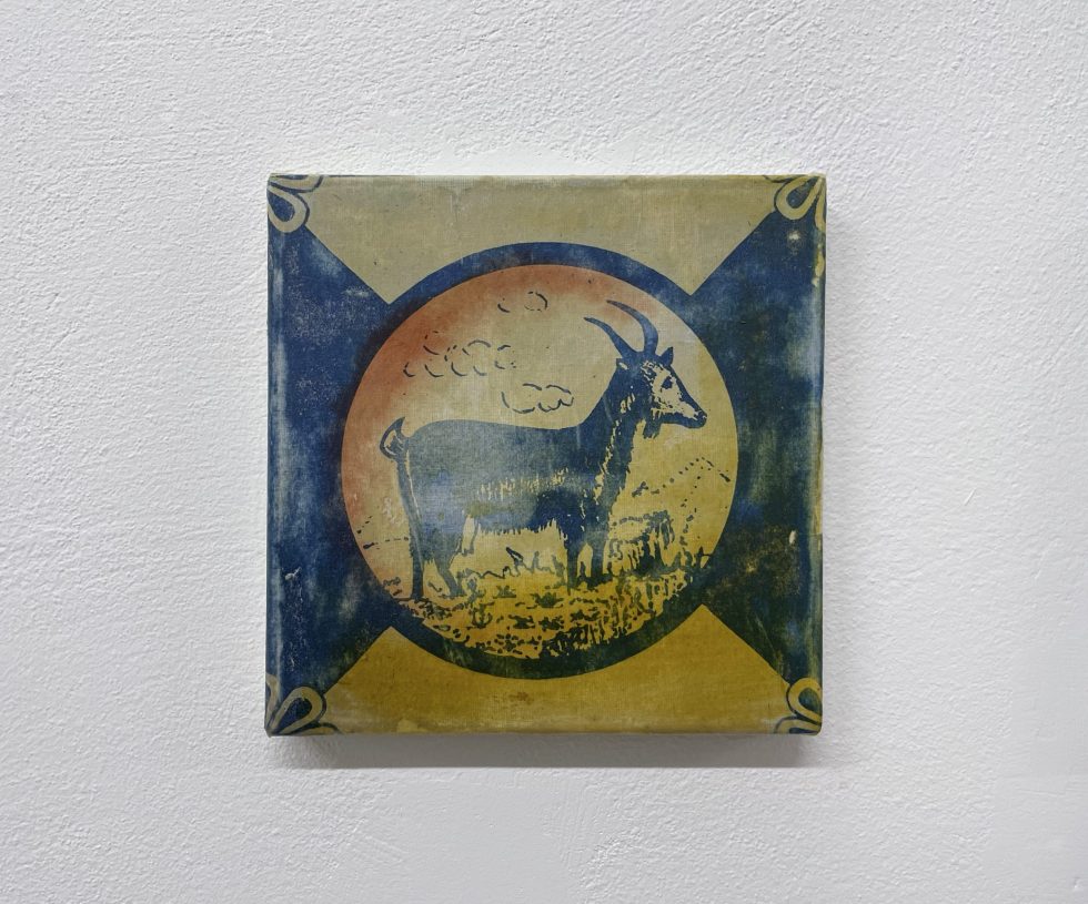 Nicole Economides, <i>I brought onto thee, the American Dream (goat)</i>, 2022, Indian ink, photo transfer on canvas, 20x20 cm