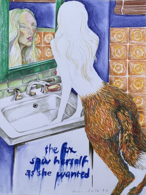 O.lala, <i>The fox saw herself as she wanted</i>, 2022, color, pencil and acrylic on cardboard, 30x40 cm