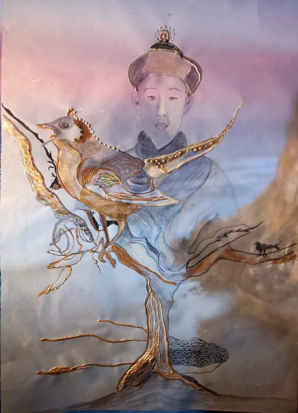 Katerina Zacahropoulou, <i>The Nightingale of the Emperor of China» and The Right to Silence</i>, 2021, pencil, pearl maker pens and metallic liners on transparent paper, 39x52 cm