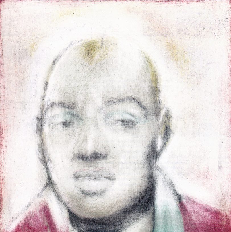Dimitris Fragakis, <i>Erased Marilyn</i>, 2011, pencil, coloured pencils and erase on found news print mounted on wood panel, 16.5x16.5cm