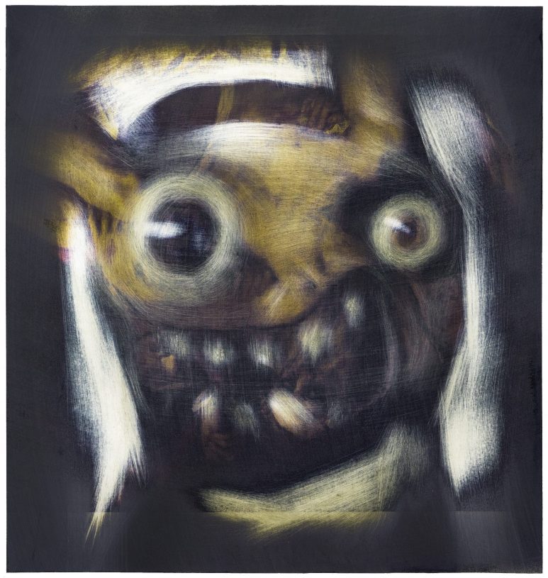 Dimitris Fragakis, <i>The Yard</i>, 2020, graphite coloured pencils and erase on found print mounted on wood panel, 25x23.5cm