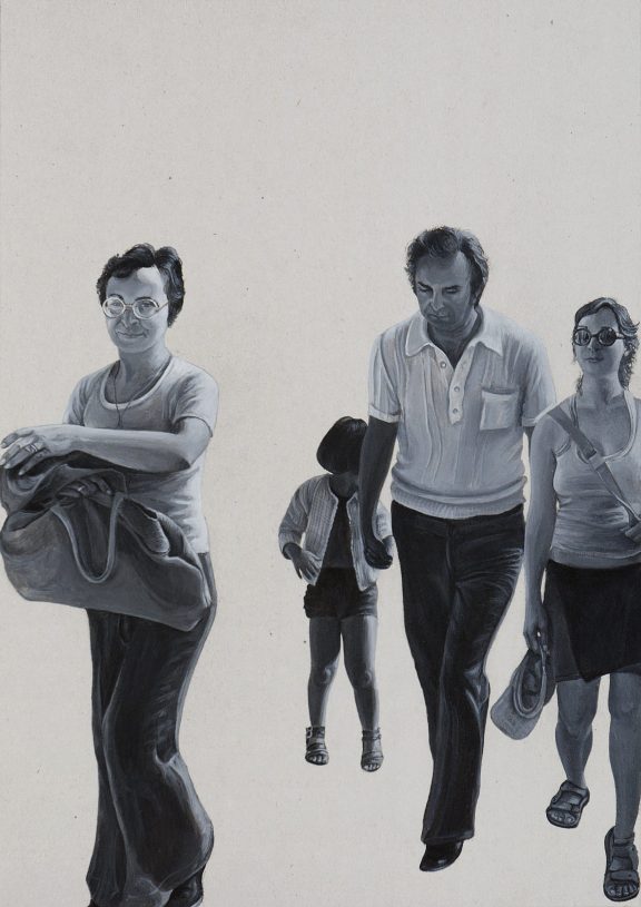 Fotini Poulia, <i>The Walk (Me, My Parents and Me)</i>, 2008, acrylic on cardboard, 24.2x34.2 cm