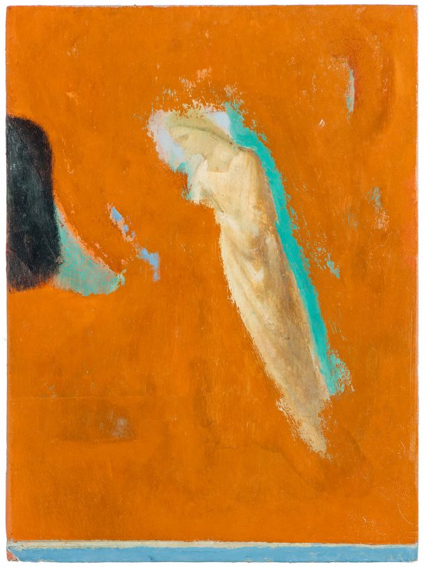 Vangelis Gokas, The red or Esther, 2025- 26, oil on wood, 30x21.5 cm