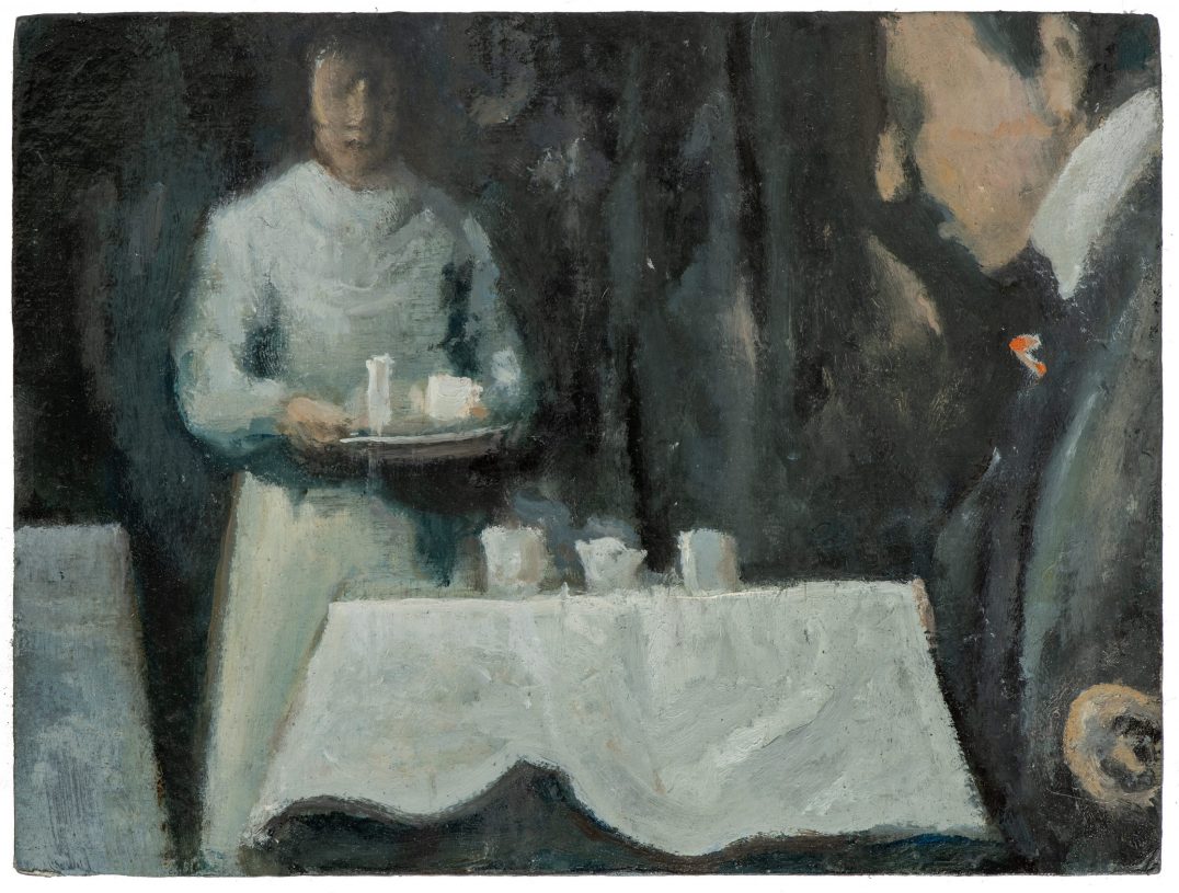 Vangelis Gokas, E.M. or Breakfast, 2026, oil on wood, 15.5x20 cm