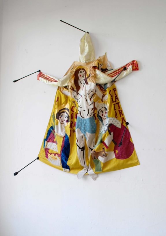 Denys Shantar, <i>Saint Sebastian</i>, 2022, different fabrics and leather, wooden arrows, 160x100 cm