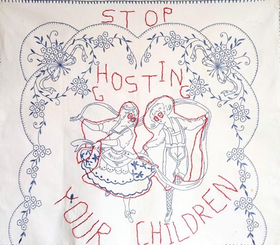 Denys Shantar, <i>Stop ghosting your children</i>, 2021, embroidery on found fabric, 80x68 cm