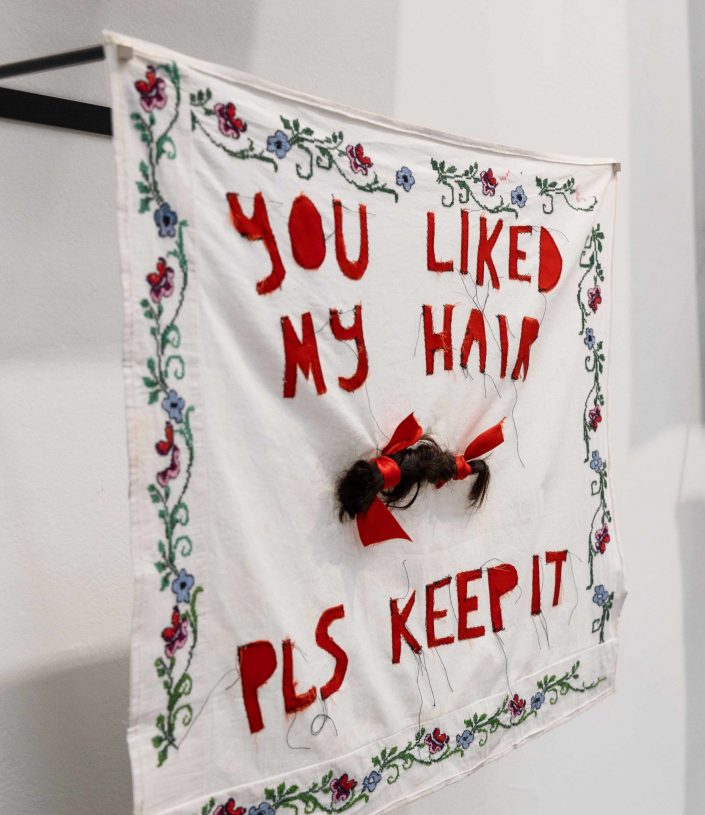 Denys Shantar, <i>You liked my hair pls keep it</i>, 2020, applique on found fabric, 70x62 cm