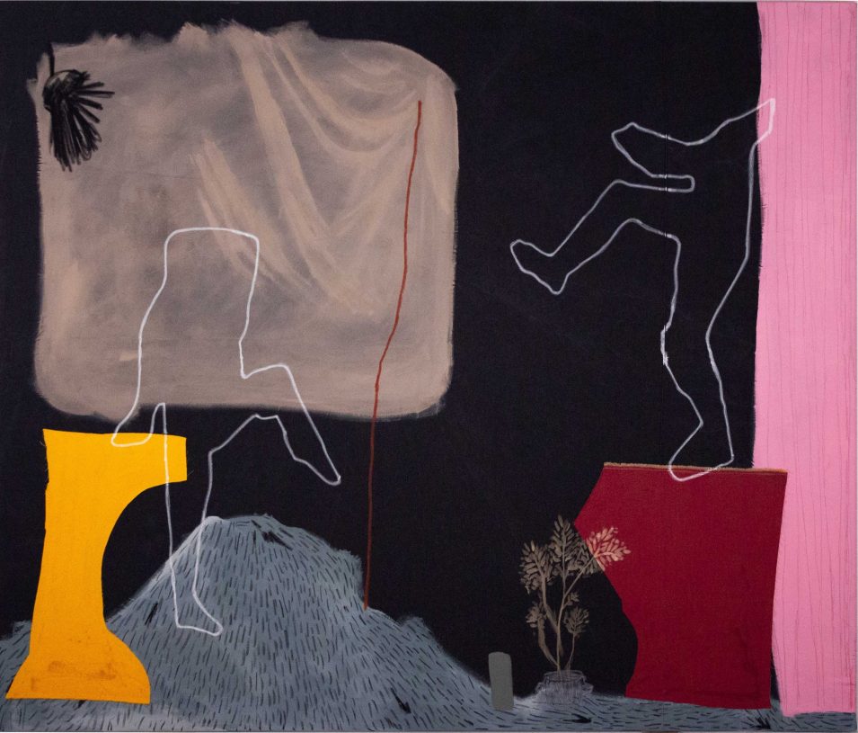 Anestis Ioannou, <i>Dancers</i>, 2023, acrylics, oil pastel, pencil, textiles and bleach on denim, 175x205 cm