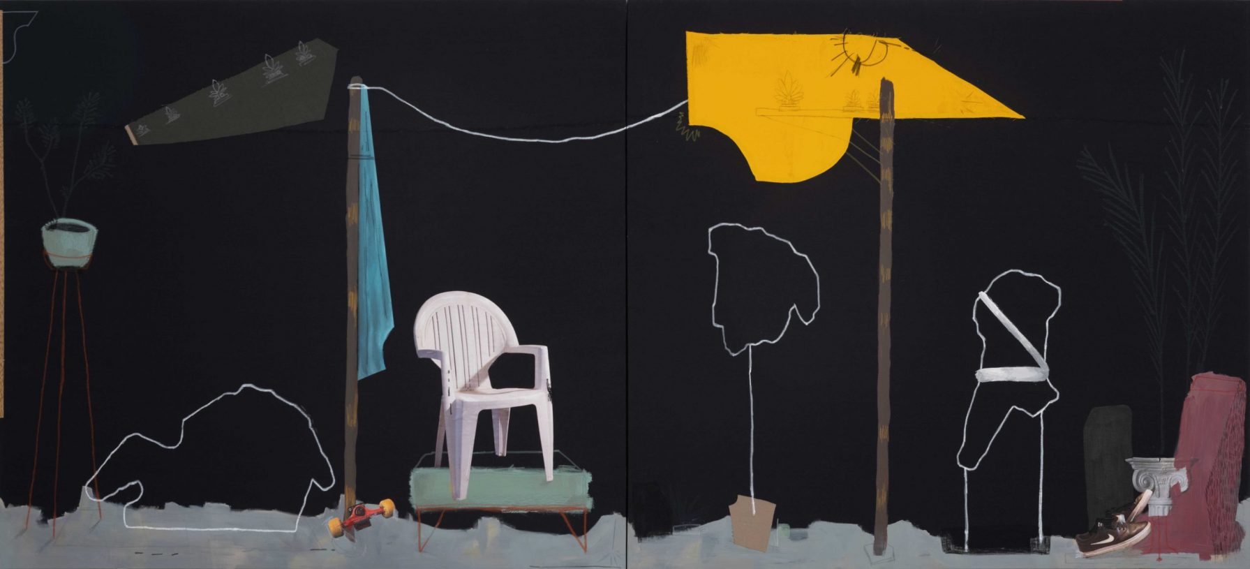 Anestis Ioannou, <i>The Forgotten Guard of Athens</i>, 2023, collage, textile and acrlyic on bleached denim, 180x400 cm
