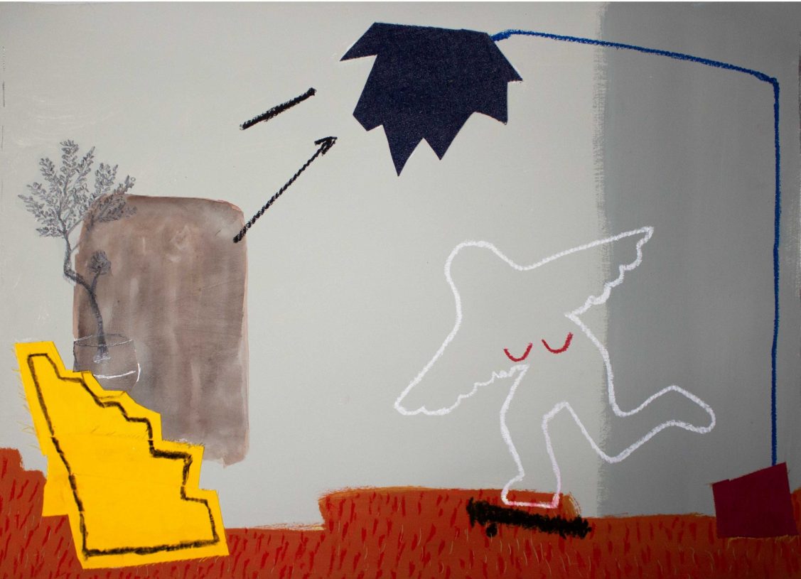Anestis Ioanou, <i>Attempt to Fly</i>, 2023, acrylics, oil pastel, textiles and pencil on paper, 50x70 cm