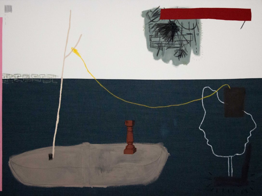 Anestis Ioannou, <i>Seascape with Double Head</i>, 2023, acrylics, oil paster, pencil, collage and textile on denim, 150x200 cm