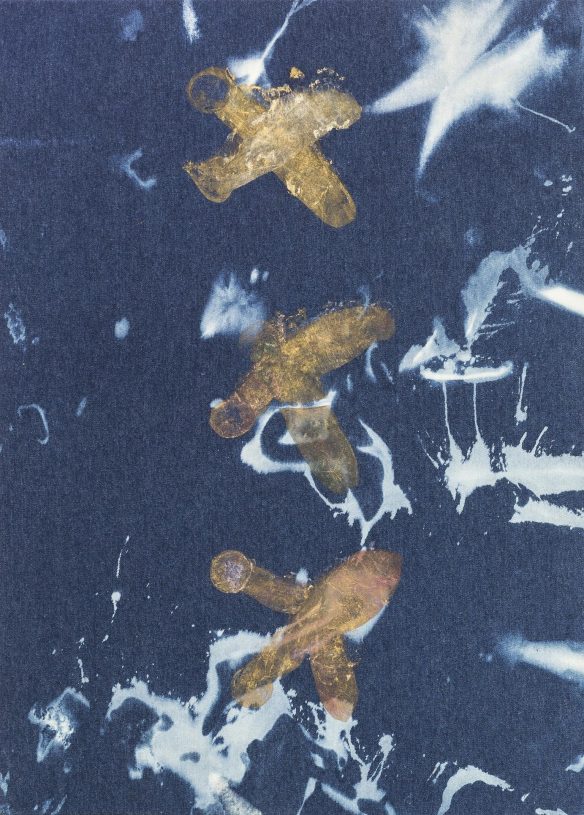 Chrysanne Stathacos, <i>xxx</i>, 2019, direct printing of condoms (oil based) on jeans fabric, 80x58 cm