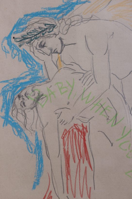 Denys Shantar, <i>Apollo and Cyparissus 2</i>, 2022, pencil and oil pastel on found paper, 44x51 cm