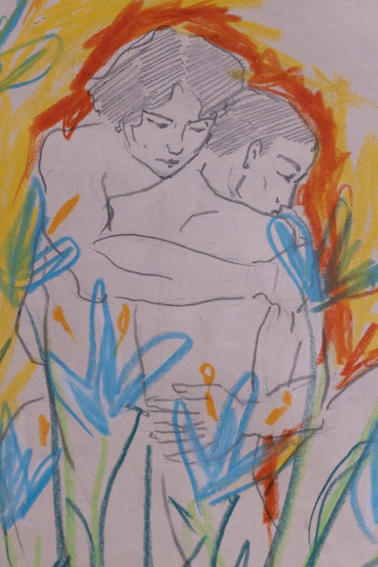 Denys Shantar, <i>Hermes and Crocus</i>, 2022, pencil and oil pastel on found paper, 44x51 cm
