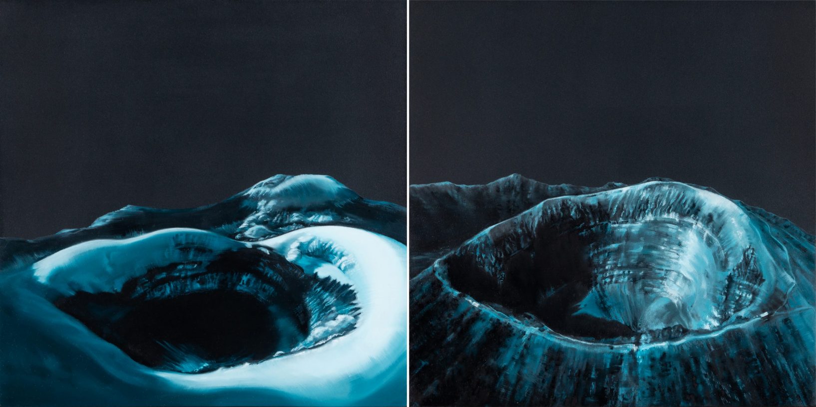 Fotini Poulia, <i>Cotopaxi's Crater</i> & <i>Vesuvius' Crater</i>, 2020, oil on wood, 28x28 cm each