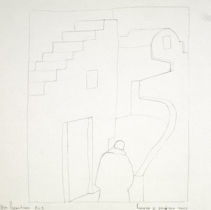 Ilias Papailiakis, <i>Woman in an Island Landscape</i>, 2018, pencil on paper, 40x40 cm