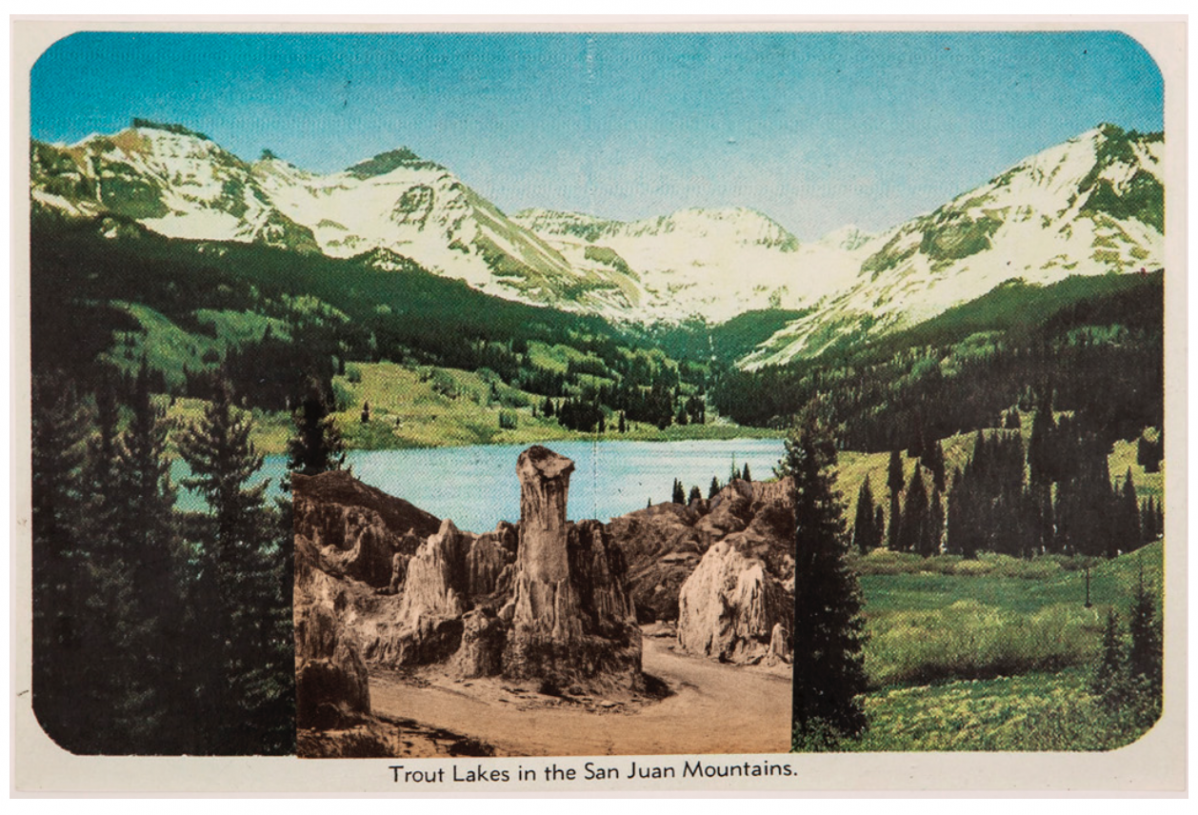 Marina Velisioti, <i>Trout lakes in the San Juan Mountains</i>, 2014, collage on postcard, 26.5x17.5 cm