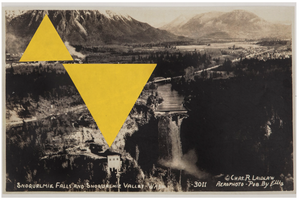 Marina Velisioti, <i>Yellow Falls</i>, 2014, collage on postcard, 14x21 cm
