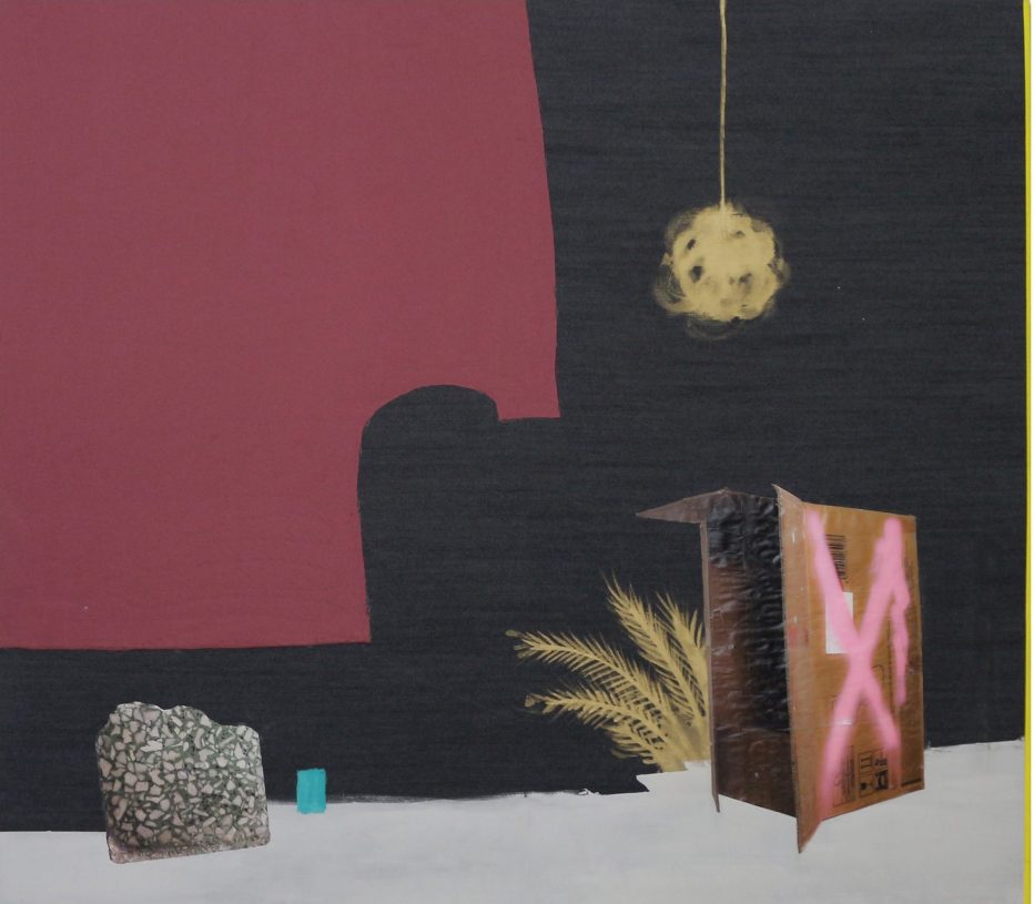 Anestis Ioannou, <i>Things I Might Have Forgotten, From a World I Am About to See (box)</i>, 2020, acrylics, textile and collage on bleached denim, 160x140 cm