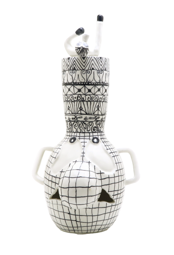 ath1281, <i>Pattern Pot with Dude Chilling on Top</i>, 2019, glazed earthenware, 39x19 cm